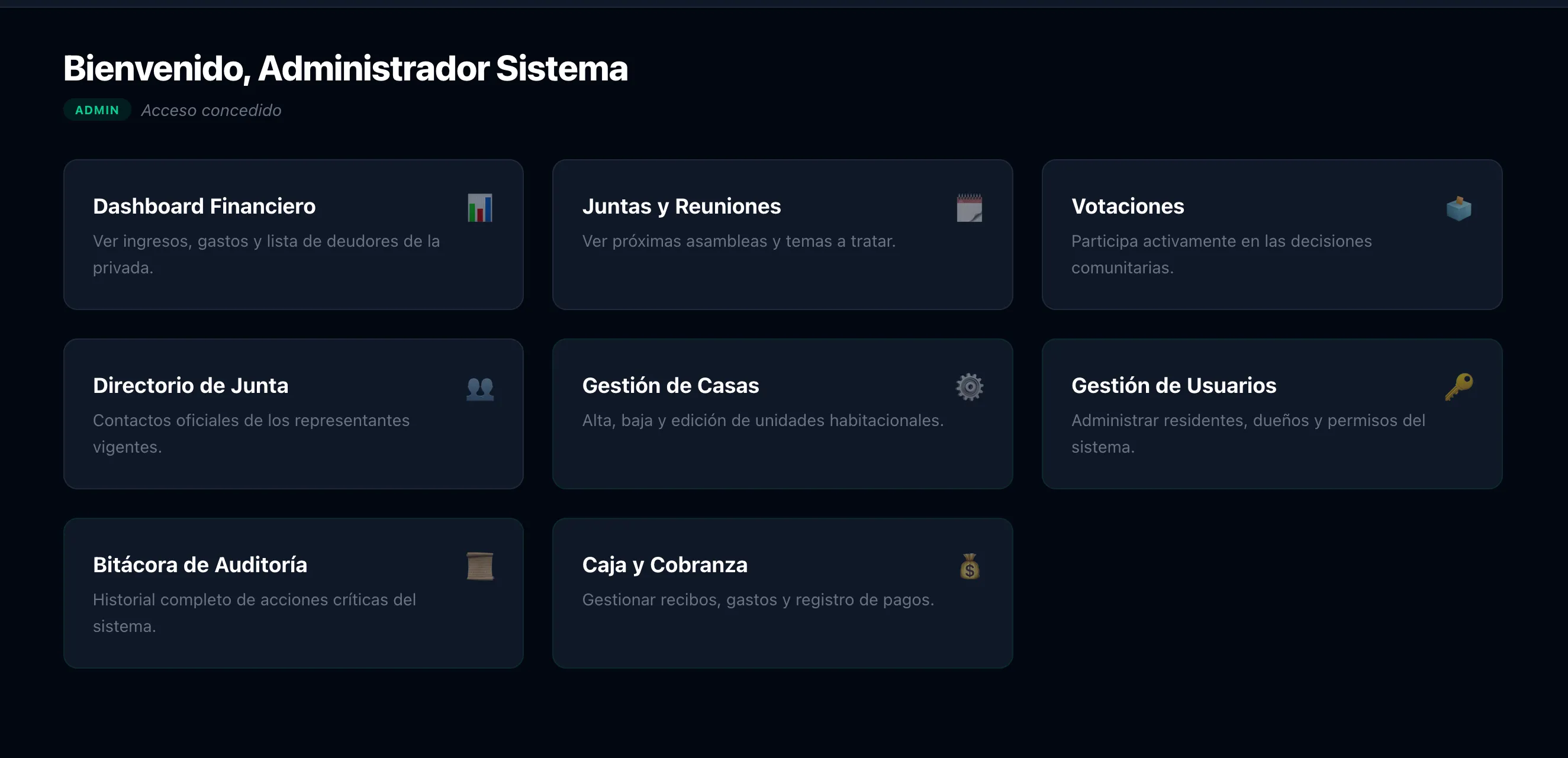Referencia visual de un panel de gestión residencial